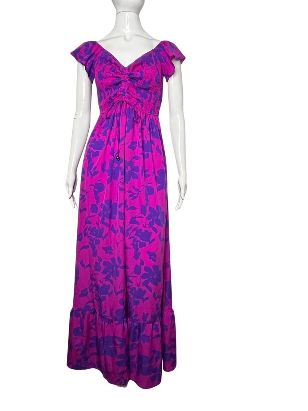 NWT Dress Day Magenta & Indigo Floral Print Smocked Ruffle Hem Maxi Dress Size M